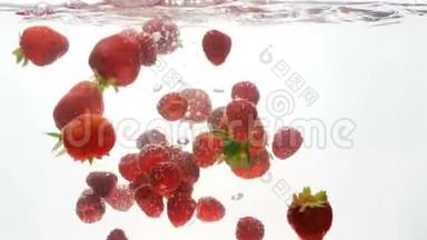 特写4k片新鲜草莓和覆盆子在白色背景下<strong>落入</strong>水中的画面